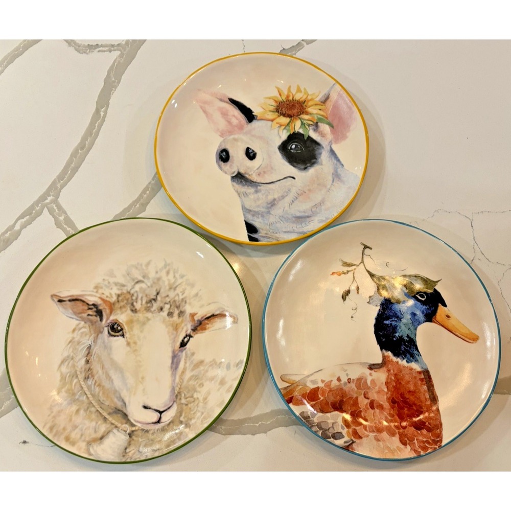 Set 3 Pier 1 Farm Animal Salad Dessert Plates 9" Pig Sheep Duck Spring stoneware